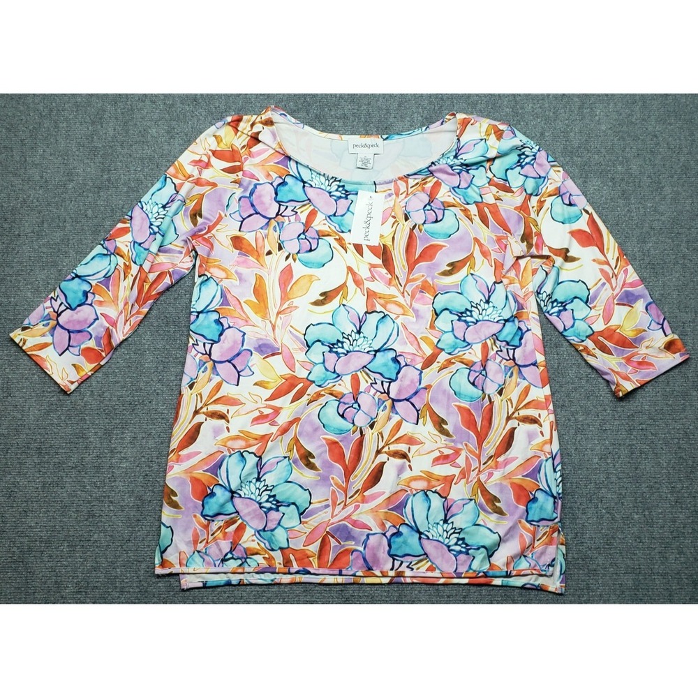 Peck&Peck Blouse Womens XL Multicolor Floral 3/4 Sleeve Round Neck Stretch New